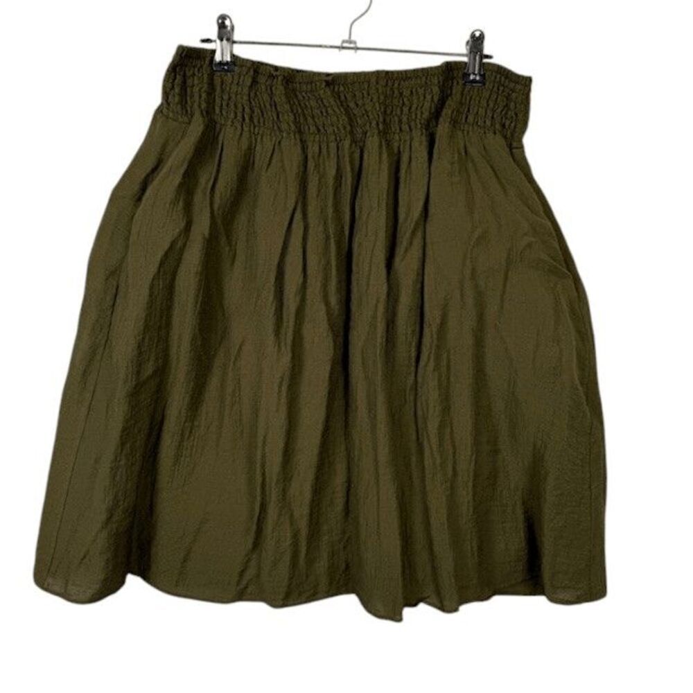 Halogen Crinkle A-Line Skater Mini Skirt Elastic Waist Pockets Olive Green Large
